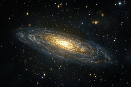 A spiral galaxy shines brightly with swirling arms and countless stars in deep, dark space.の写真素材