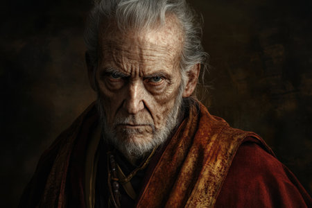 An elderly man gazes intensely, showing deep wrinkles and a thoughtful expression in low light.の写真素材