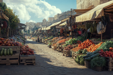 A lively market filled with colorful fruits and vegetables under sunlit skies, showcasing local agriculture and culture.の写真素材