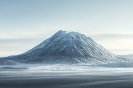 A majestic snow-covered mountain dominates the landscape under a clear blue sky, creating a serene atmosphere.の写真素材