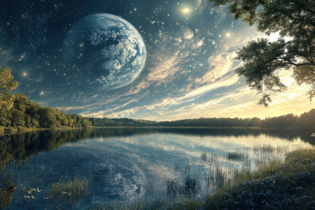 A serene lake reflects trees and a massive planet under a dramatic cosmic sky during twilight hours.の写真素材