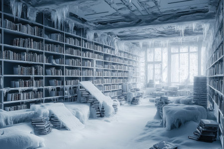 A library covered in thick snow and ice, books stacked, creating a serene yet eerie atmosphere in winter.の写真素材