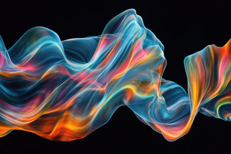 Waves of colorful fabric twirl gracefully, showing a blend of vivid hues against a dark backdrop.の写真素材
