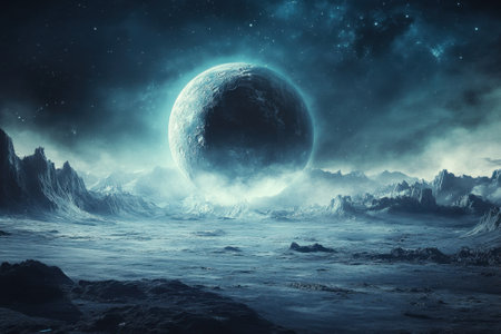 A vast, rocky terrain illuminated by a large, luminescent planet in a starry sky at night.の写真素材