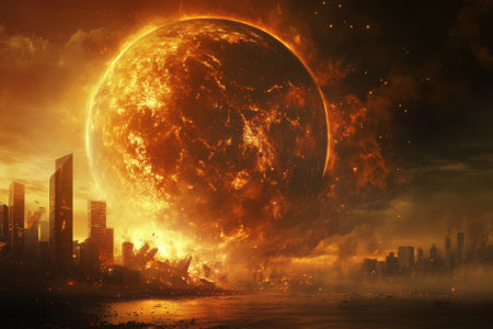 A fiery planet dominates the sky, casting an orange glow over a devastated urban landscape at dusk.の写真素材