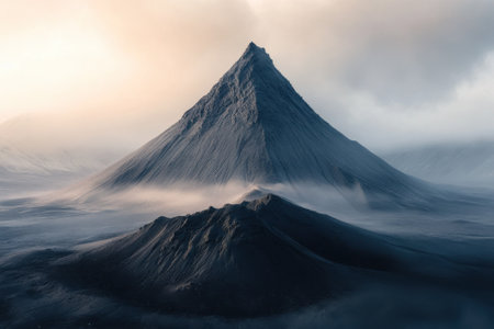 Early morning reveals a towering volcanic mountain surrounded by soft mist and a dramatic sky in Iceland.の写真素材