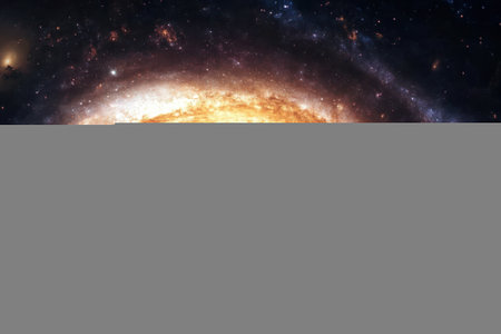 A stunning galaxy showcases a luminous core, surrounded by vibrant cosmic dust and twinkling stars in space.の写真素材