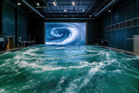 A massive ocean simulation features waves and currents for training purposes in a dedicated facility.の写真素材