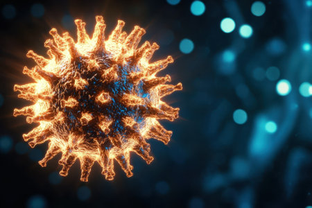 A vibrant orange virus visualization stands out against a soft blue backdrop, showing its structure.の写真素材