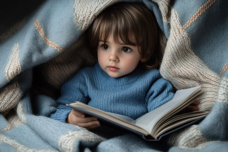 A young child sits comfortably wrapped in a blanket, engrossed in reading a book, enjoying a quiet moment.の写真素材