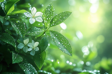 Delicate white flowers and green leaves adorned with dew in the gentle morning sunlight.の写真素材