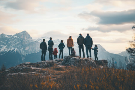 A group of eight individuals stands on a rocky outcrop, admiring a breathtaking mountain view during twilight.の写真素材