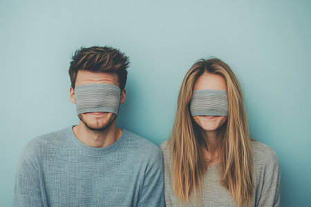 A joyful couple playfully covers their eyes with fabric, smiling and enjoying their time together.の写真素材