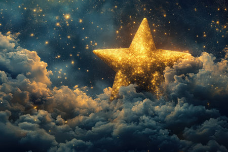 A bright golden star radiates light from behind fluffy clouds, creating a magical night sky filled with sparkles.の写真素材