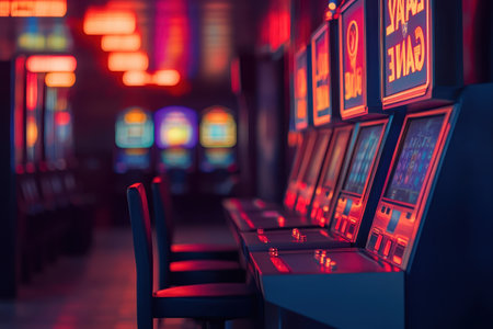 Rows of illuminated slot machines fill the room, inviting players into a lively casino environment at night.の写真素材