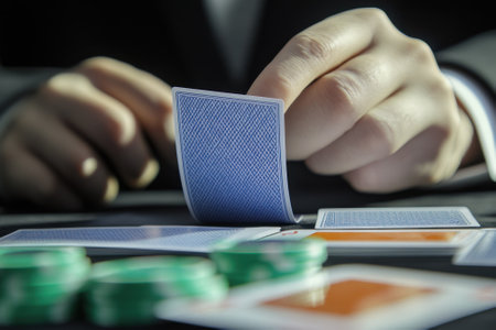 A person is dealing cards at a casino table while colorful betting chips are scattered around.の写真素材