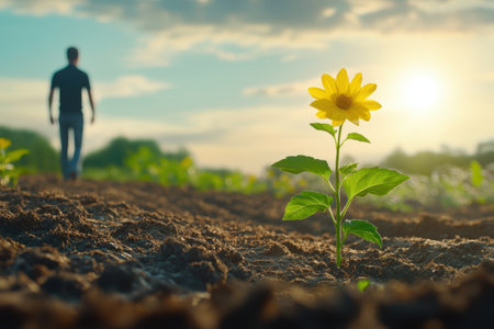 A solitary sunflower blooms in a field while a figure walks slowly into the distance at sunset.の写真素材