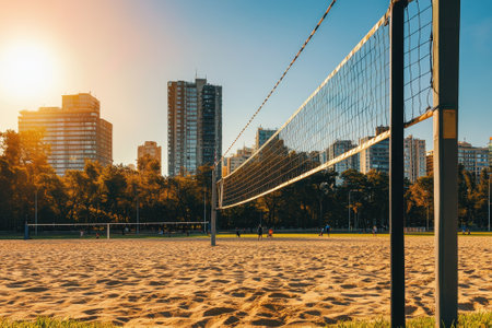 People enjoy playing volleyball on a sandy court as the sun sets behind city buildings in a park.の写真素材