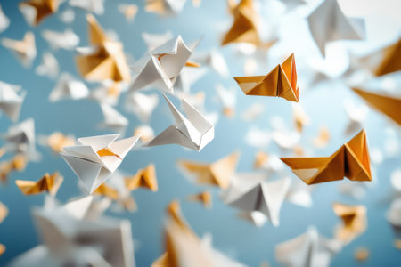 Various origami shapes in orange and white adorn a bright blue background, showcasing artistic creativity.の写真素材