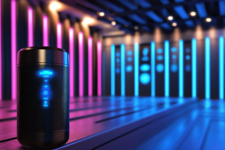 A sleek speaker stands illuminated by colorful neon lights in a contemporary music venue, creating a lively atmosphere.の写真素材