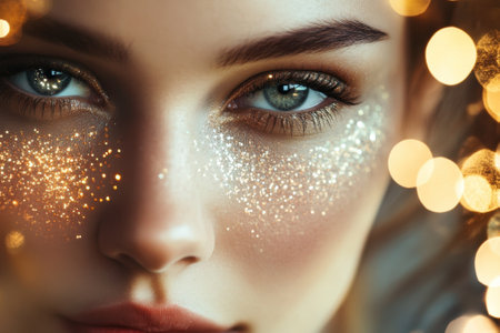 A woman gazes into the camera, her face adorned with sparkling glitter and illuminated by glowing lights.の写真素材