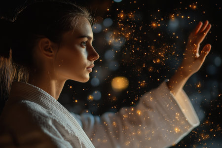 The young woman stands still, extending her hand towards the glowing particles that fill the space.の写真素材