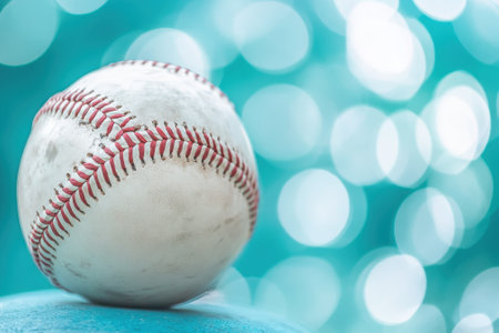 A close-up of a baseball resting on a surface with a shimmering turquoise background, evoking a lively atmosphere.の写真素材