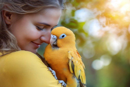 A woman gently leans toward a bright yellow parrot, enjoying a tender moment in a natural environment.の写真素材