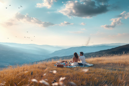 A couple sits together on a blanket, savoring a picnic while overlooking a stunning mountain landscape.の写真素材