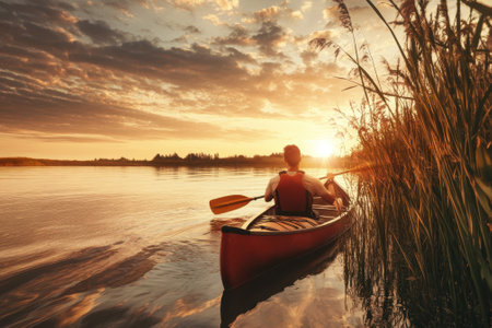 A person paddles a kayak on still water at sunset, surrounded by reeds and a vibrant sky.の写真素材