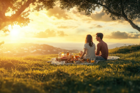 Two people enjoy a cozy picnic on grass, surrounded by nature as the sun sets in the background.の写真素材