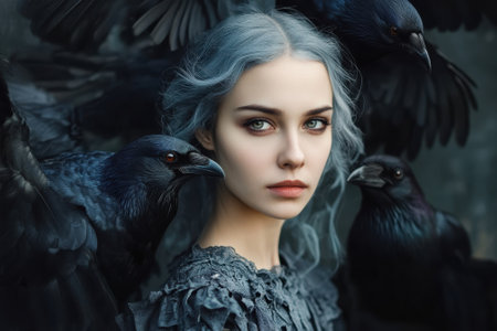 A woman with silvery blue hair gazes intensely as ravens perch close, creating an eerie mood.の写真素材