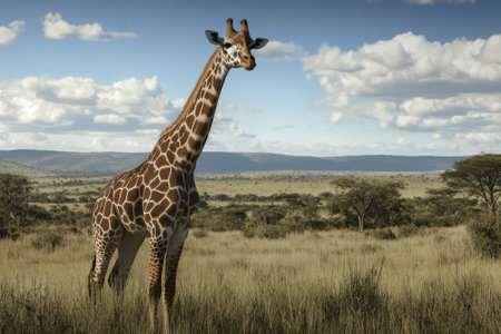 A giraffe is seen in the open African savanna, surrounded by tall grass and trees, under a partly cloudy sky.の写真素材