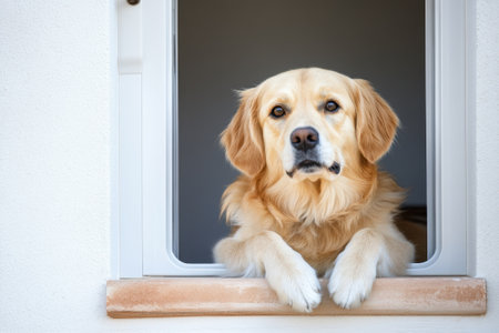 A golden retriever with a gentle expression rests his paws on a window ledge enjoying the warm sunlight.の写真素材
