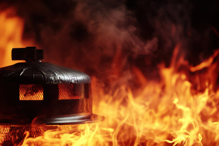 Flames engulf a cooking pot, showcasing an outdoor cooking experience with intense heat and smoke.の写真素材