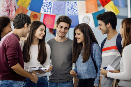 Teenagers gather and chat animatedly at a vibrant cultural event adorned with colorful banners.の写真素材