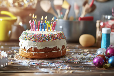 A vibrant birthday cake shines with candles and colorful sprinkles on a decorated kitchen table.の写真素材