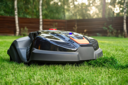 A high-tech lawn mower is cutting grass in a lush green backyard under the warm afternoon sun.の写真素材