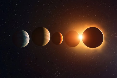 Planets align beautifully with the sun during a solar eclipse in the vastness of space.の写真素材