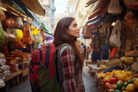 A traveler enjoys the lively atmosphere of a market, surrounded by fresh produce and colorful goods.の写真素材
