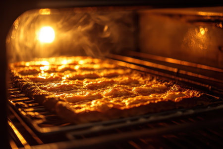 Cheese-covered pizza cooks in a hot oven, creating a delicious aroma and golden crust as it bakes.の写真素材