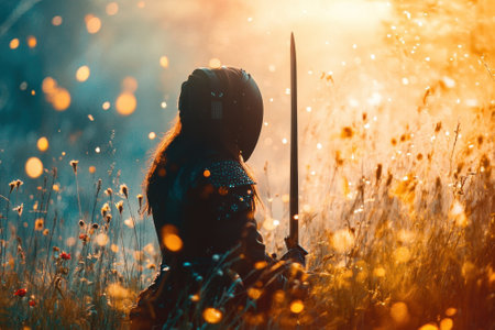 A warrior sits quietly in a vibrant meadow, holding a sword while embracing the soft evening light.の写真素材