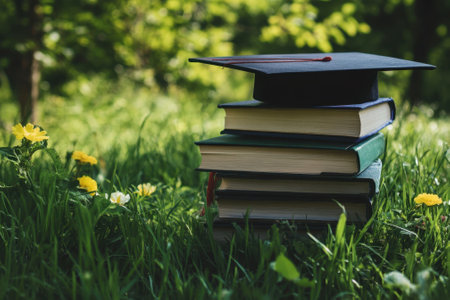 A graduation cap sits atop several books in a grassy area filled with yellow flowers under sunlight.の写真素材