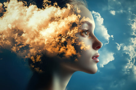 A serene profile of a woman is merged with swirling clouds, creating a surreal and dreamy effect in the sky.の写真素材