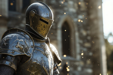 A knight clad in ornate armor poses majestically in front of a castle, illuminated by warm sunlight.の写真素材