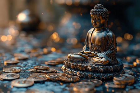 A serene bronze Buddha statue sits peacefully amidst scattered coins, bathed in warm natural light.の写真素材
