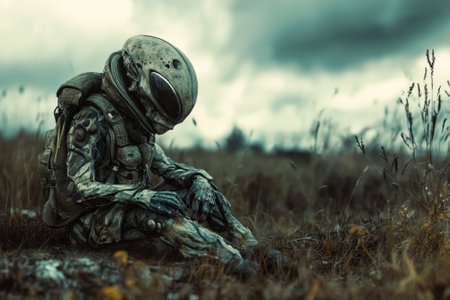 An alien in a space suit rests in an empty field, surrounded by tall grass and darkening clouds.の写真素材