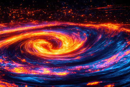 A vibrant galaxy swirls with colors of orange, blue, and purple, surrounded by twinkling stars in space.の写真素材