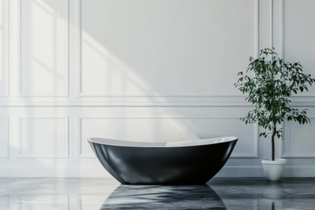 Minimalist design features a sleek bathtub next to a potted plant in a bright, airy bathroom.の写真素材