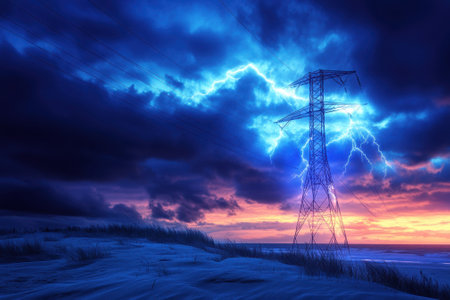 A dramatic evening sky showcases lightning striking near a power line as the sun sets on the horizon.の写真素材